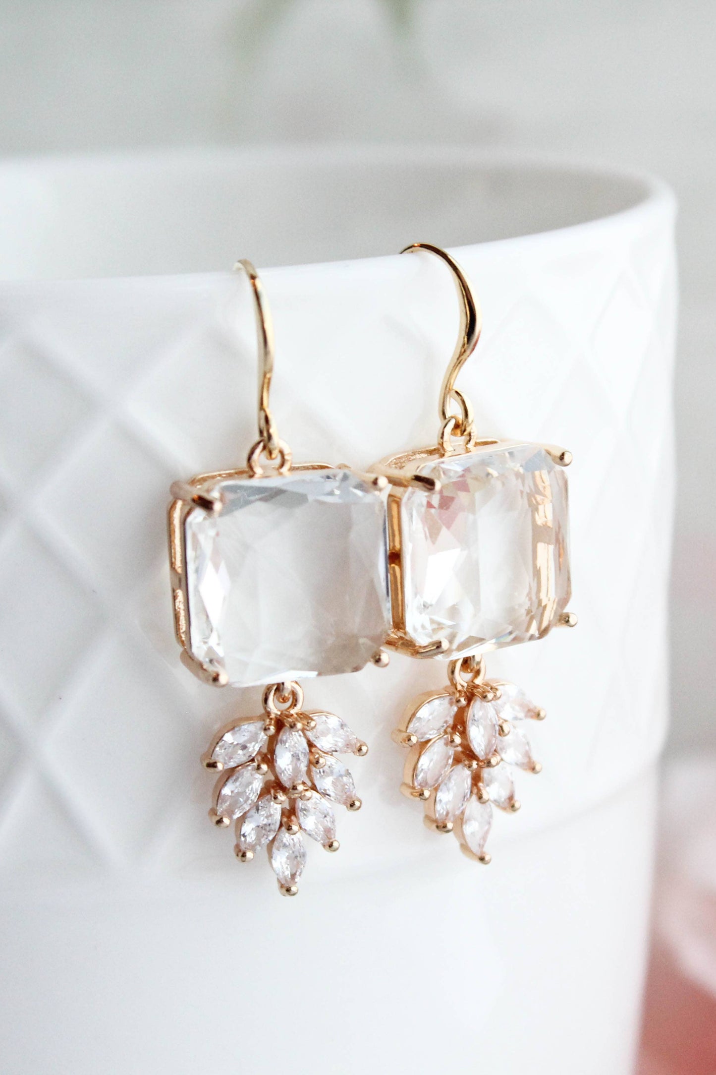 Art Deco Earrings | Square Jewel with Glass Leaf Drop