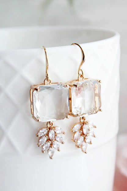 Art Deco Earrings | Square Jewel with Glass Leaf Drop