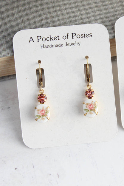 Vintage Style Flower Cameo Earrings | Pink Rose Earrings