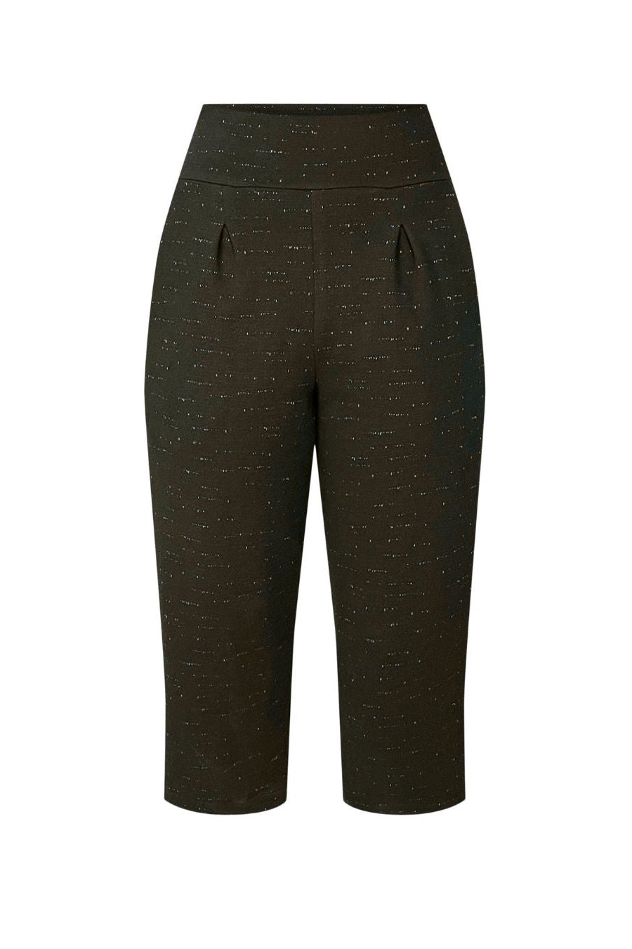 The Nathan Pants by Melow in Black speckled fabric, 7/8 length wide legged pants with a high pull-on waist band and front pleats, are shown against a white background. 