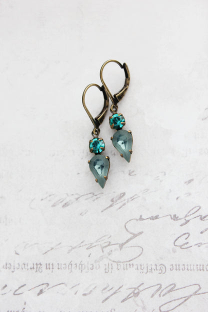Tiny Vintage Glass Drop Earrings | Peacock Blue