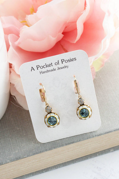 Art Deco Floral Earrings | White Opal & Dusty Blue Sapphire