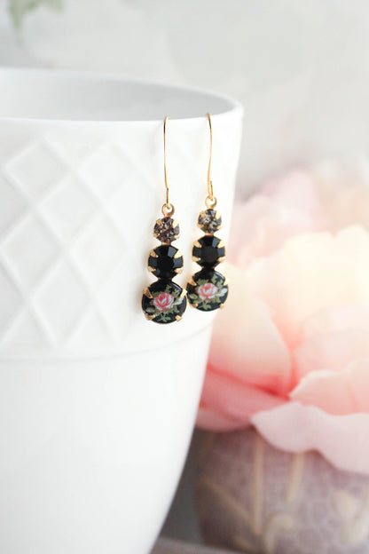 Vintage Glass Earrings - Three Jewel Black w/ Pink Rose