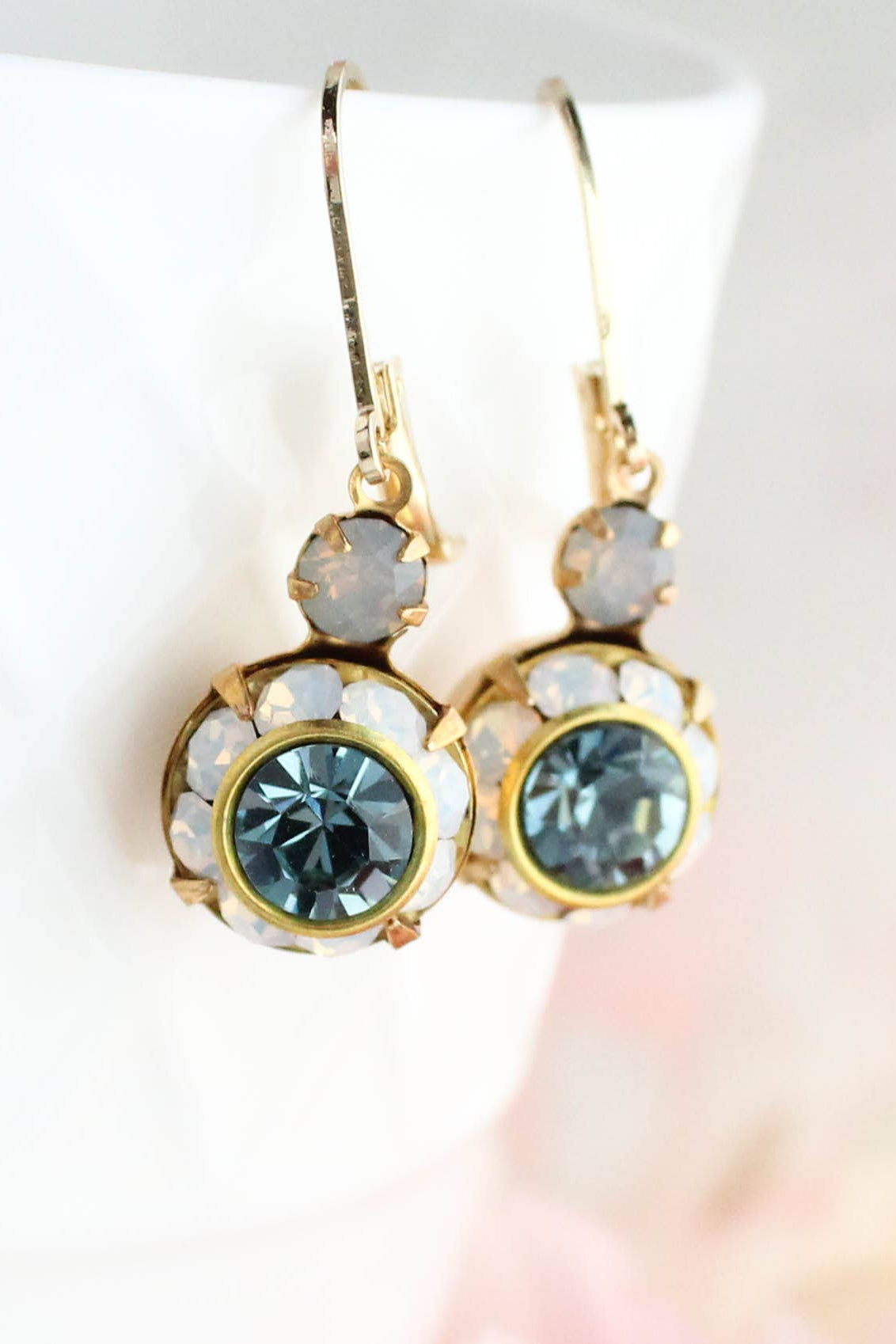 Art Deco Floral Earrings | White Opal & Dusty Blue Sapphire