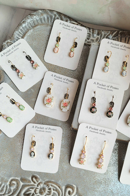 Little Floral Cameo Earrings - Vintage Glass