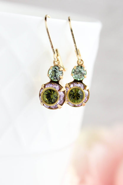 Small Glass Drop Earrings | Violet Purple and Olivine Green