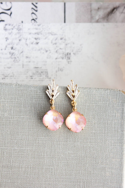 Art Deco Glass Leaf Post Earrings | Pastel Pink Glass Jewel