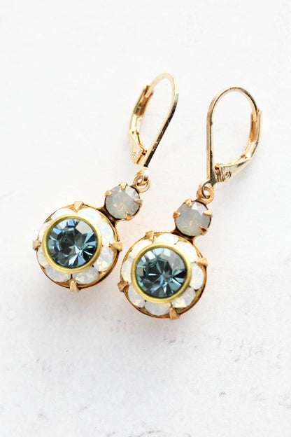 Art Deco Floral Earrings | White Opal & Dusty Blue Sapphire