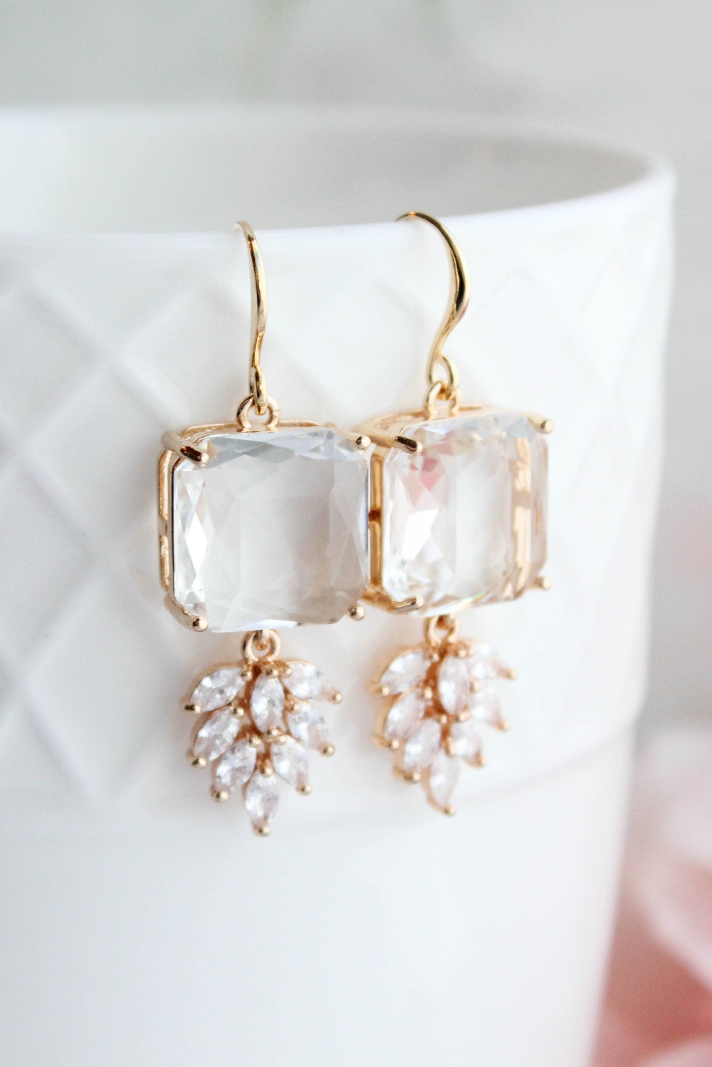 Art Deco Earrings | Square Jewel with Glass Leaf Drop