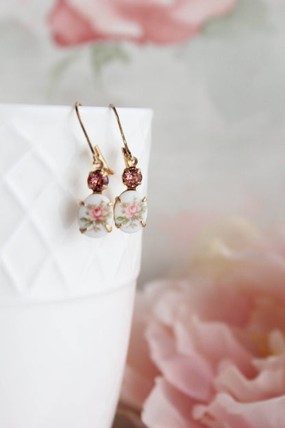 Vintage Style Flower Cameo Earrings | Pink Rose Earrings