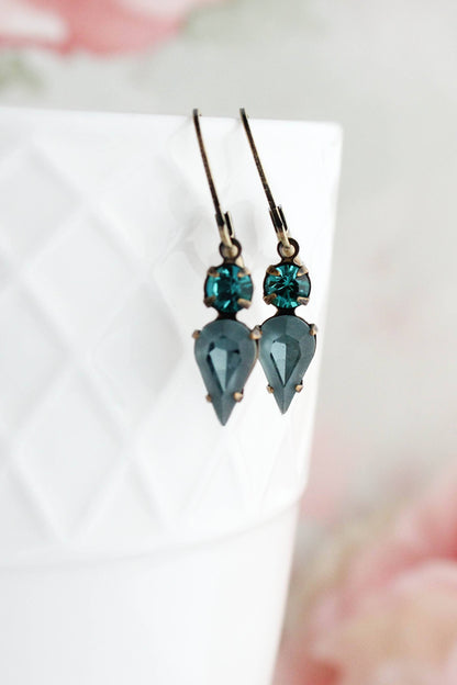 Tiny Vintage Glass Drop Earrings | Peacock Blue