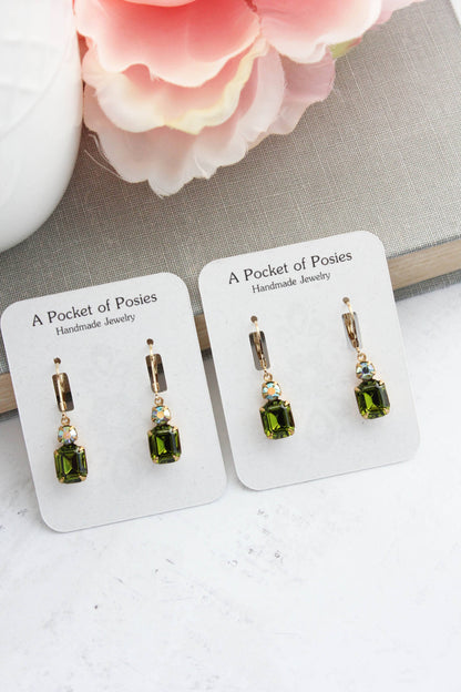 Small Drop Earrings | Olivine Green Glass and Gold Drops