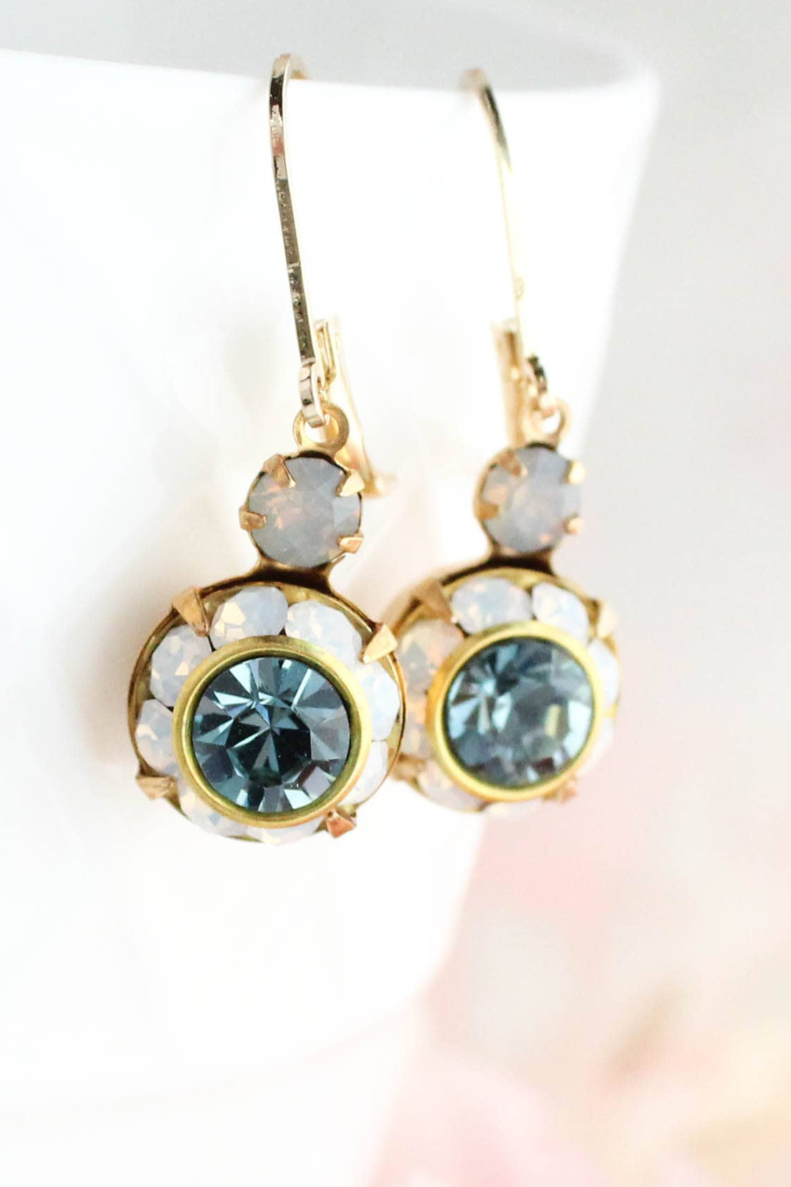 Art Deco Floral Earrings | White Opal & Dusty Blue Sapphire