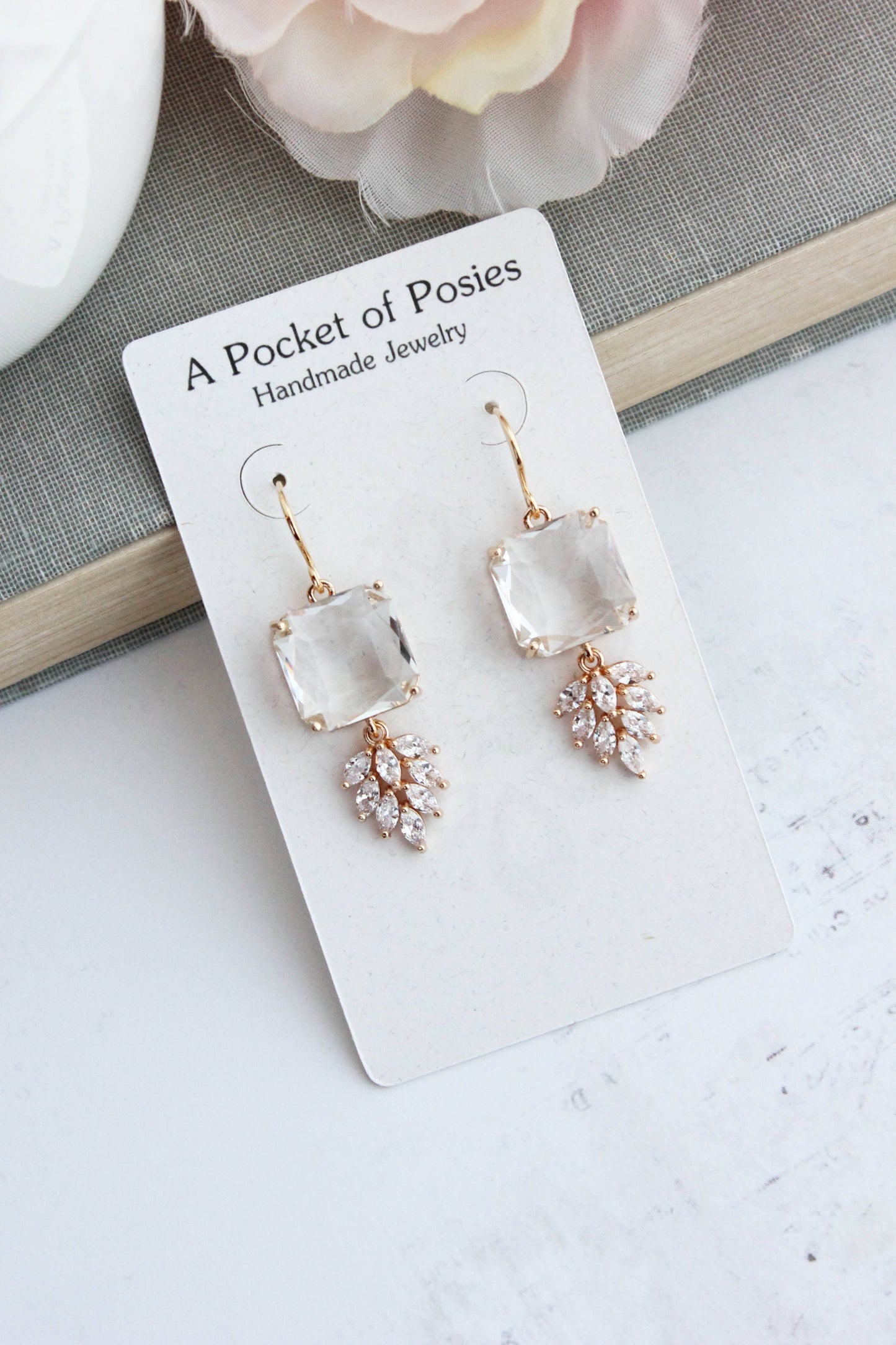 Art Deco Earrings | Square Jewel with Glass Leaf Drop