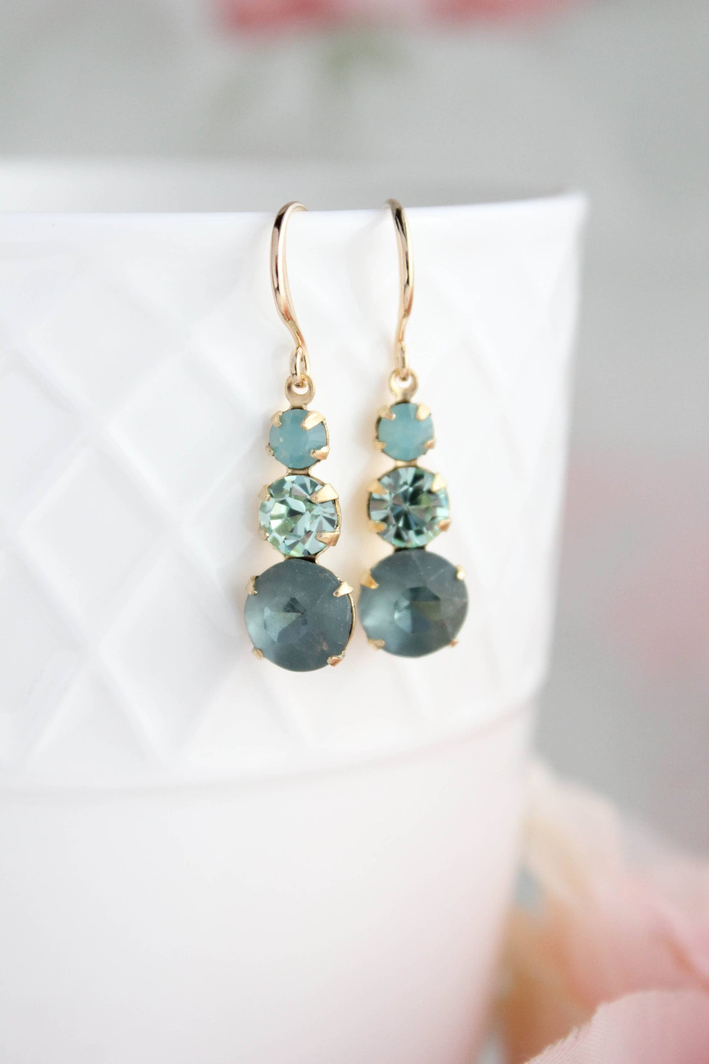 Vintage Glass Earrings - Three Jewel Peacock Green and Blue