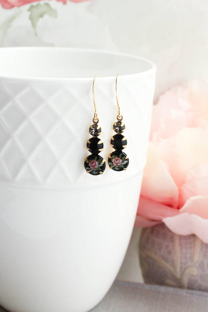 Vintage Glass Earrings - Three Jewel Black w/ Pink Rose