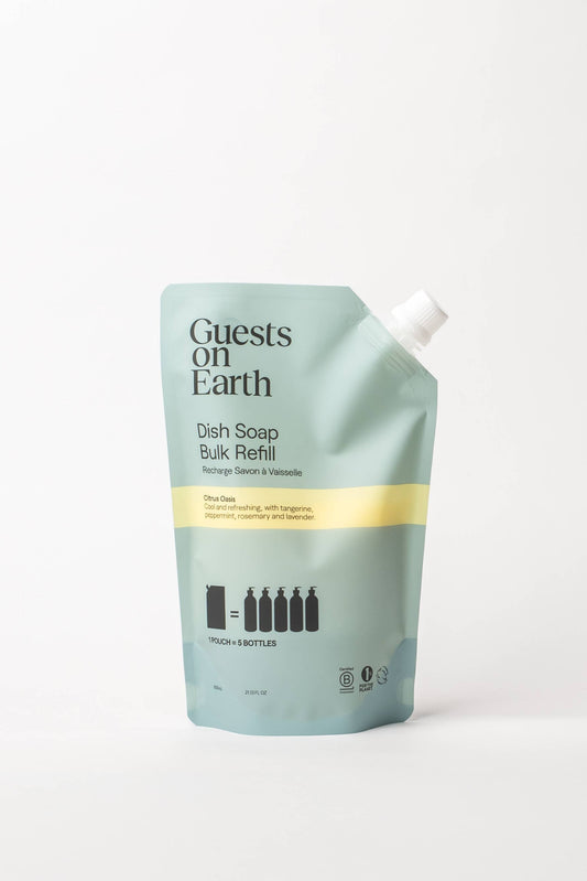 Guests on Earth Dish Soap Bulk Refill pouch in the Sage Green scent, featuring a light sage green design with a yellow band and white spout cap, on a clean white background.