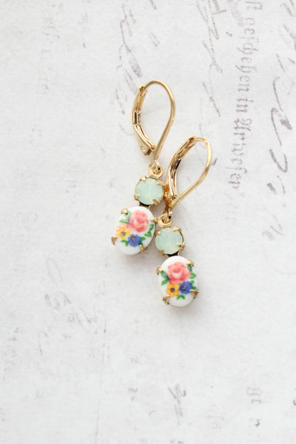 Little Floral Cameo Earrings - Vintage Glass