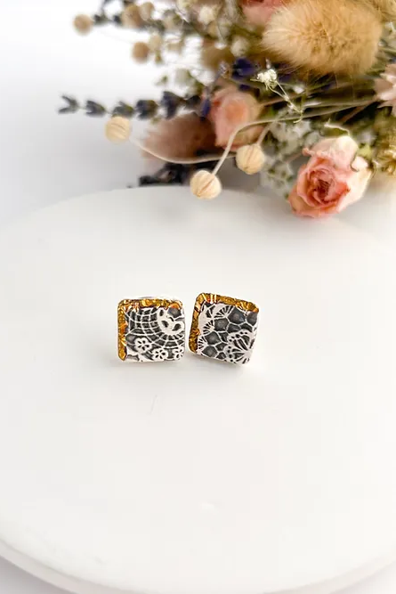 Grey Lace Square Studs