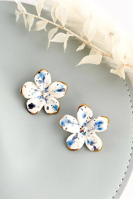 White & Blue Flower Dangle Studs