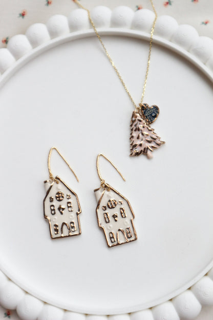White & Gold House Dangle Earrings
