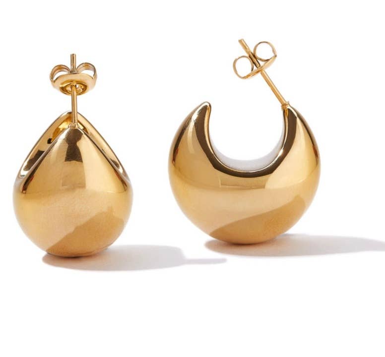 Puffy Hoop Crescent Moon Earring- PVD-Waterproof 14K