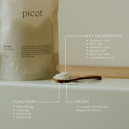 Picot Honey Tobacco Bath soak packaging with key ingredients and functions displayed on a neutral background
