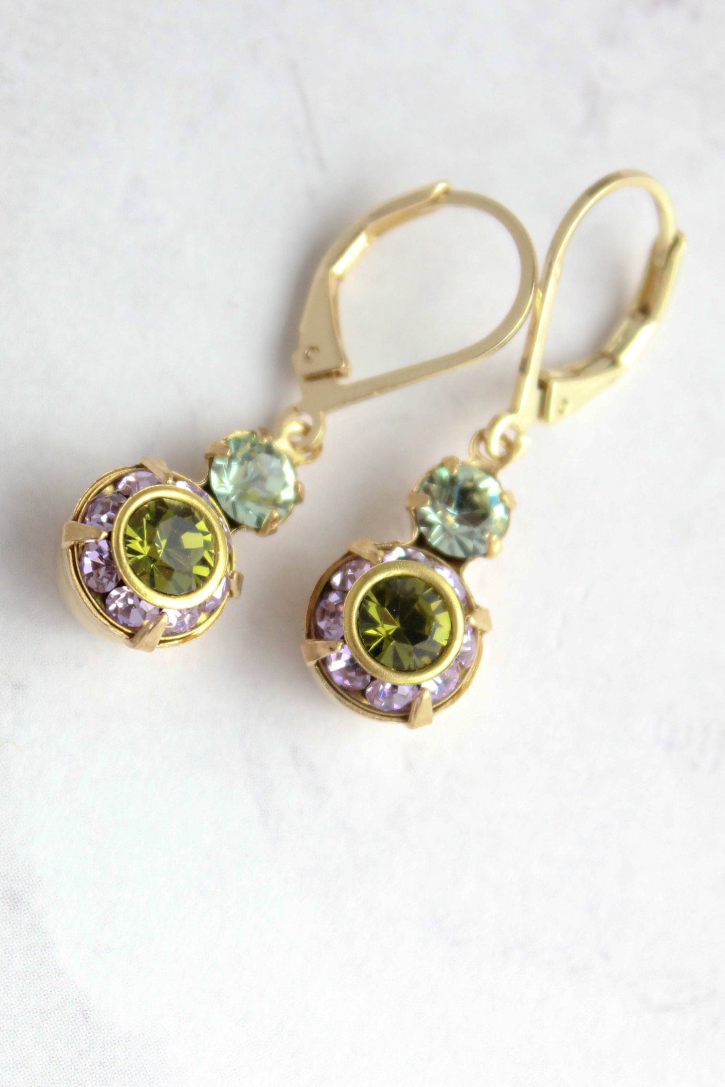 Small Glass Drop Earrings | Violet Purple and Olivine Green