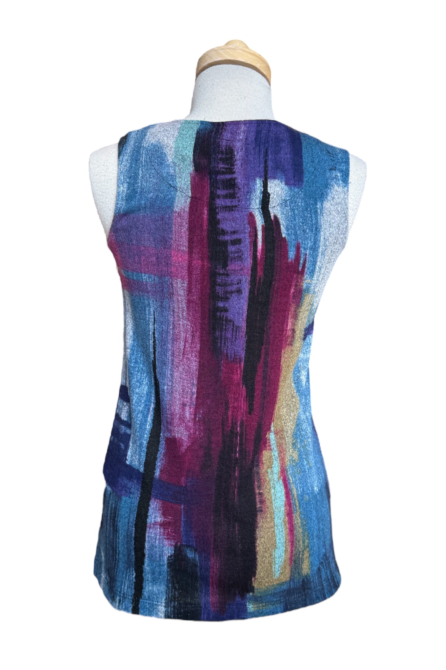 A back view of the Preston Top by Compli K in Blue and Berry Abstract print, a long sleeveless top with a round neck, is shown on a mannequin in front of a white background. 