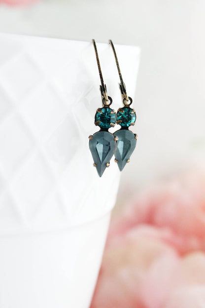 Tiny Vintage Glass Drop Earrings | Peacock Blue