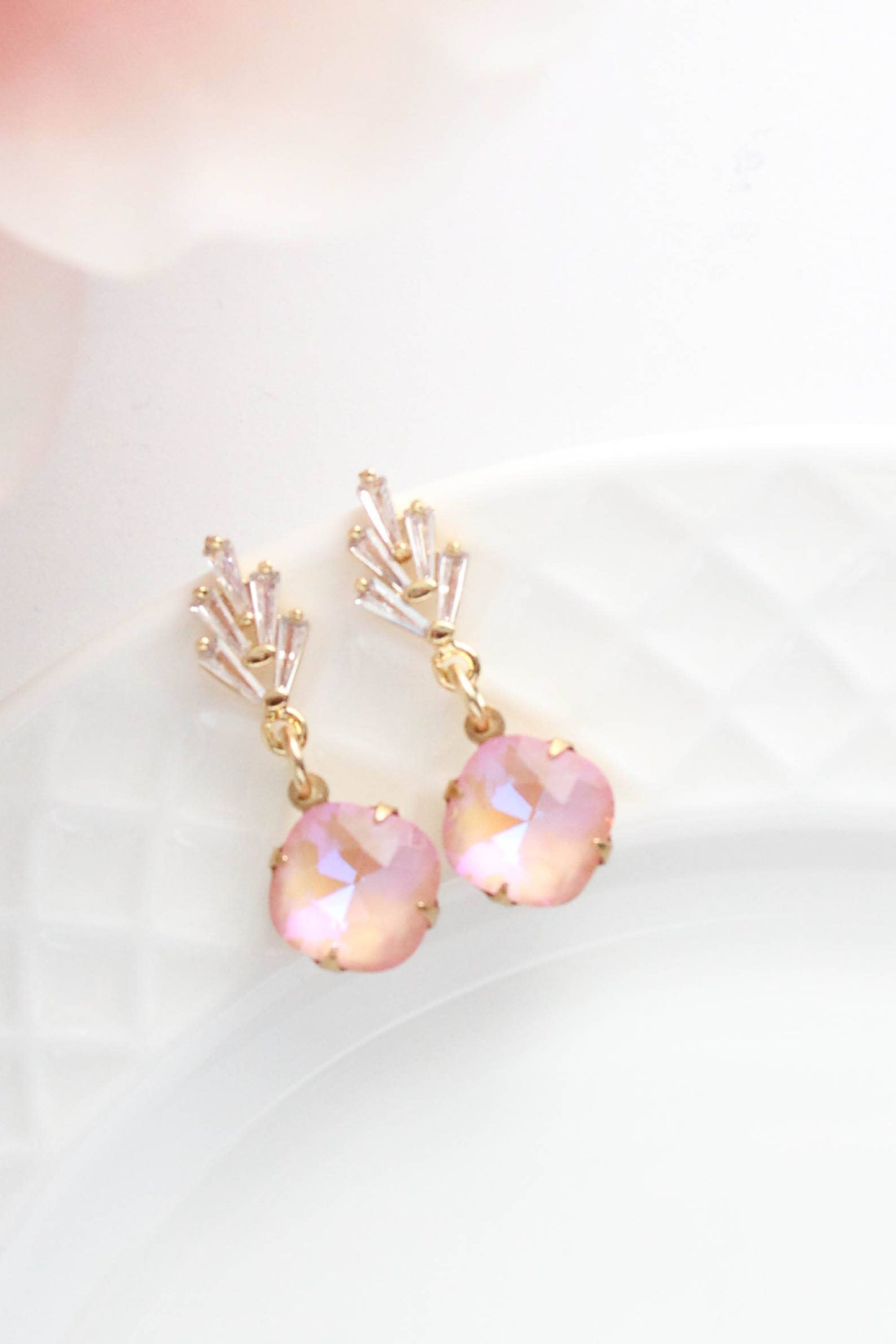 Art Deco Glass Leaf Post Earrings | Pastel Pink Glass Jewel