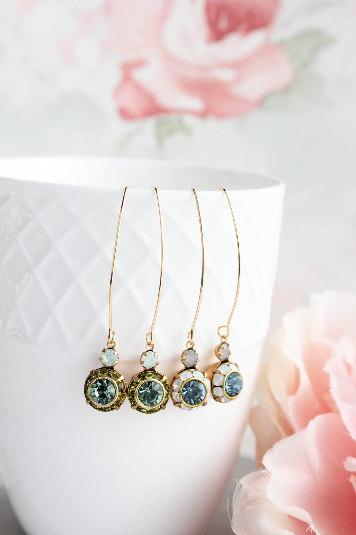 Art Deco Floral Earrings | White Opal & Dusty Blue Sapphire