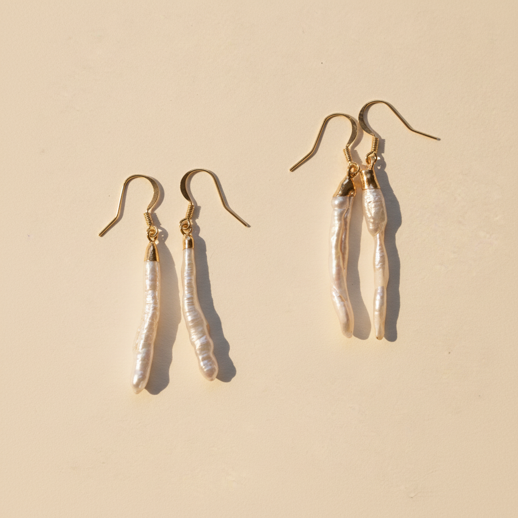 Long Biwa Pearl Dangle Earrings (1E46)