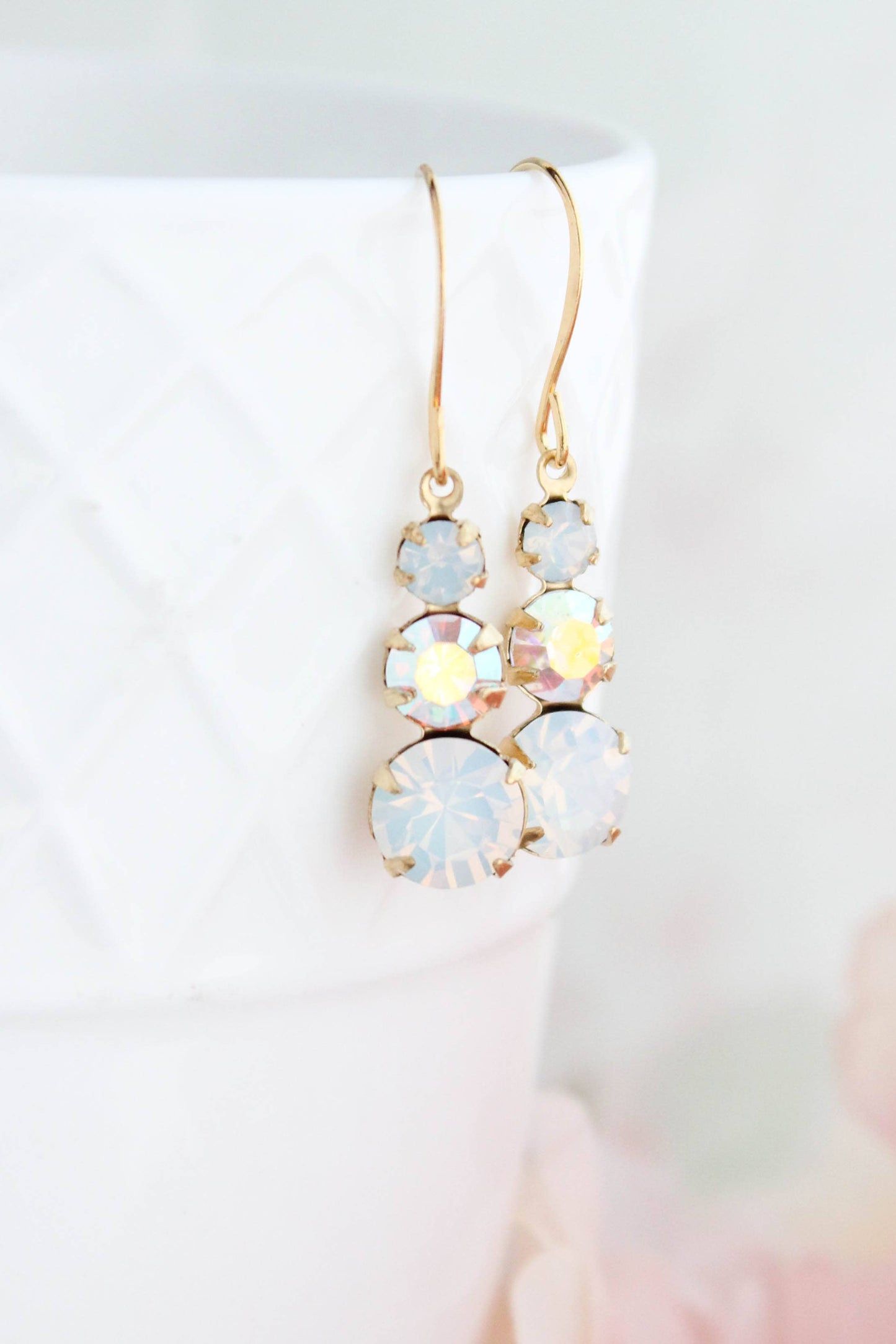 Vintage Glass Earrings - Three Jewel White Opal Glass
