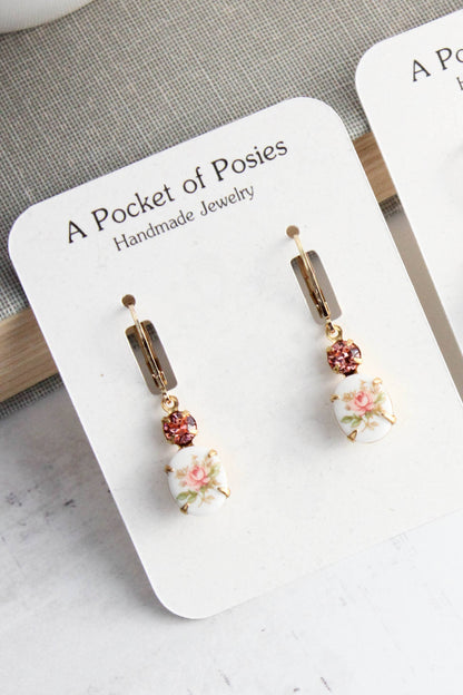 Vintage Style Flower Cameo Earrings | Pink Rose Earrings
