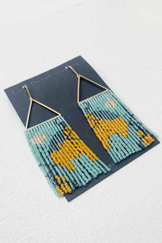 Val Fringe Earrings - Abstract pattern Blue and Mustard