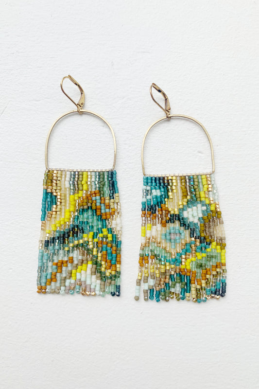 Teal Mustard and Cream Abstract Agate Fringe Earrings