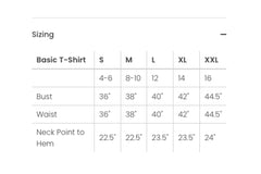 Basic T-Shirt by Advika, Size Chart
