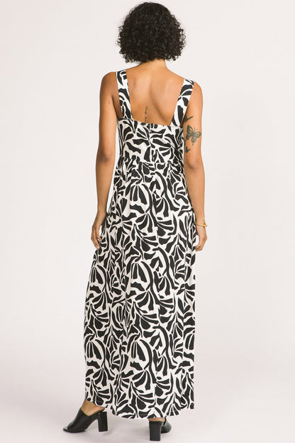 Alora Dress by Allison Wonderland, Zebra Leaf, back view, wide straps, deep V-neckline, gathers on underbust seams, in-seam pockets, maxi skirt, eco-fabric, Lenzing Ecovero Viscose, sizes 2-12, made in Vancouver 