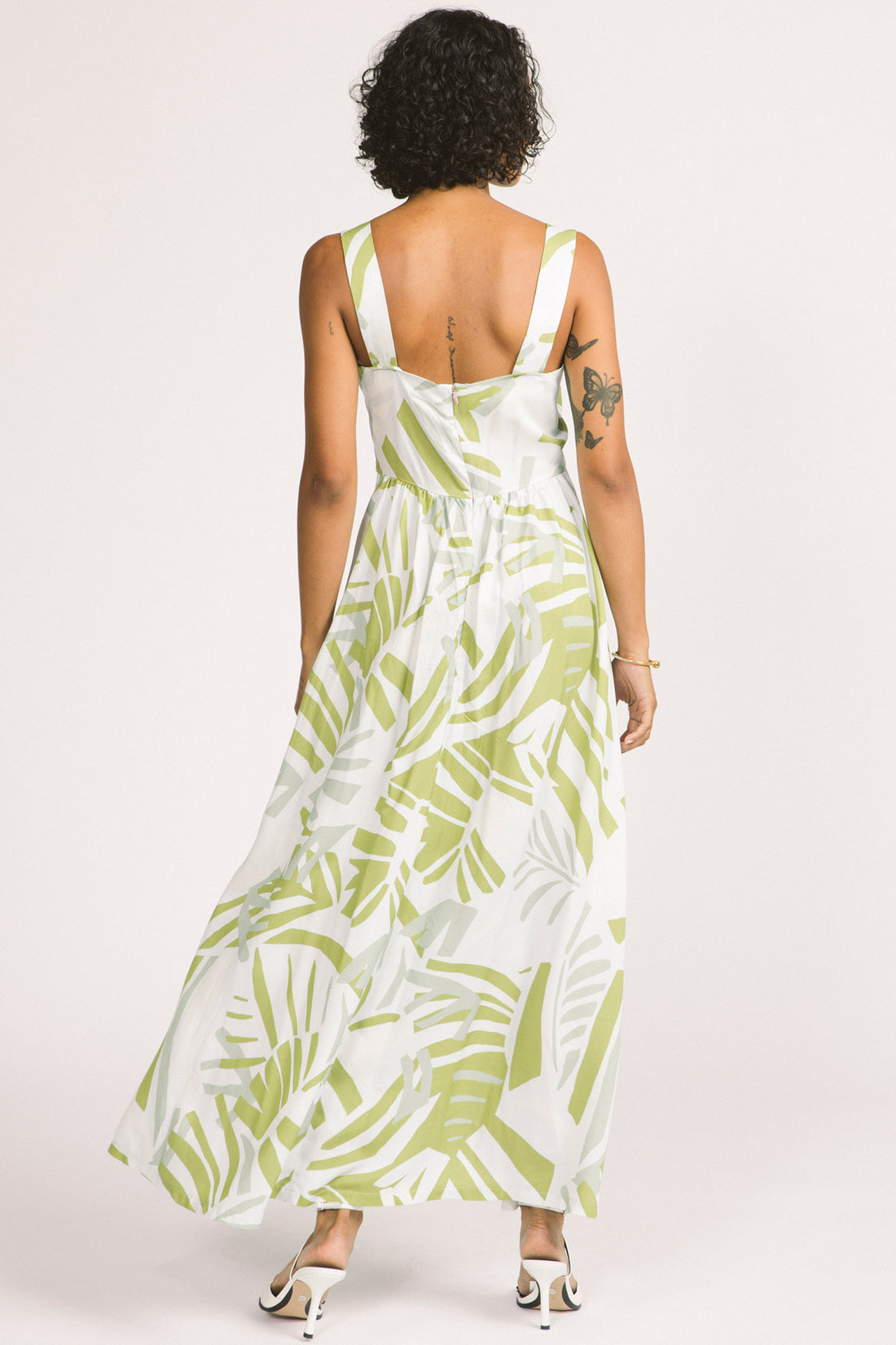 Alora Dress by Allison Wonderland, Frond Leaf, back view, wide straps, deep V-neckline, gathers on underbust seams, in-seam pockets, maxi skirt, eco-fabric, Lenzing Ecovero Viscose, sizes 2-12, made in Vancouver 