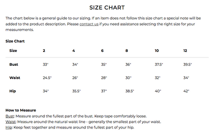 Allison Wonderland Size Chart