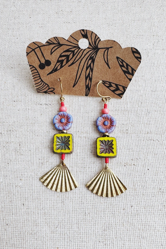Beaded Czech Glass Earrings - Lilac Flower/Yellow Square