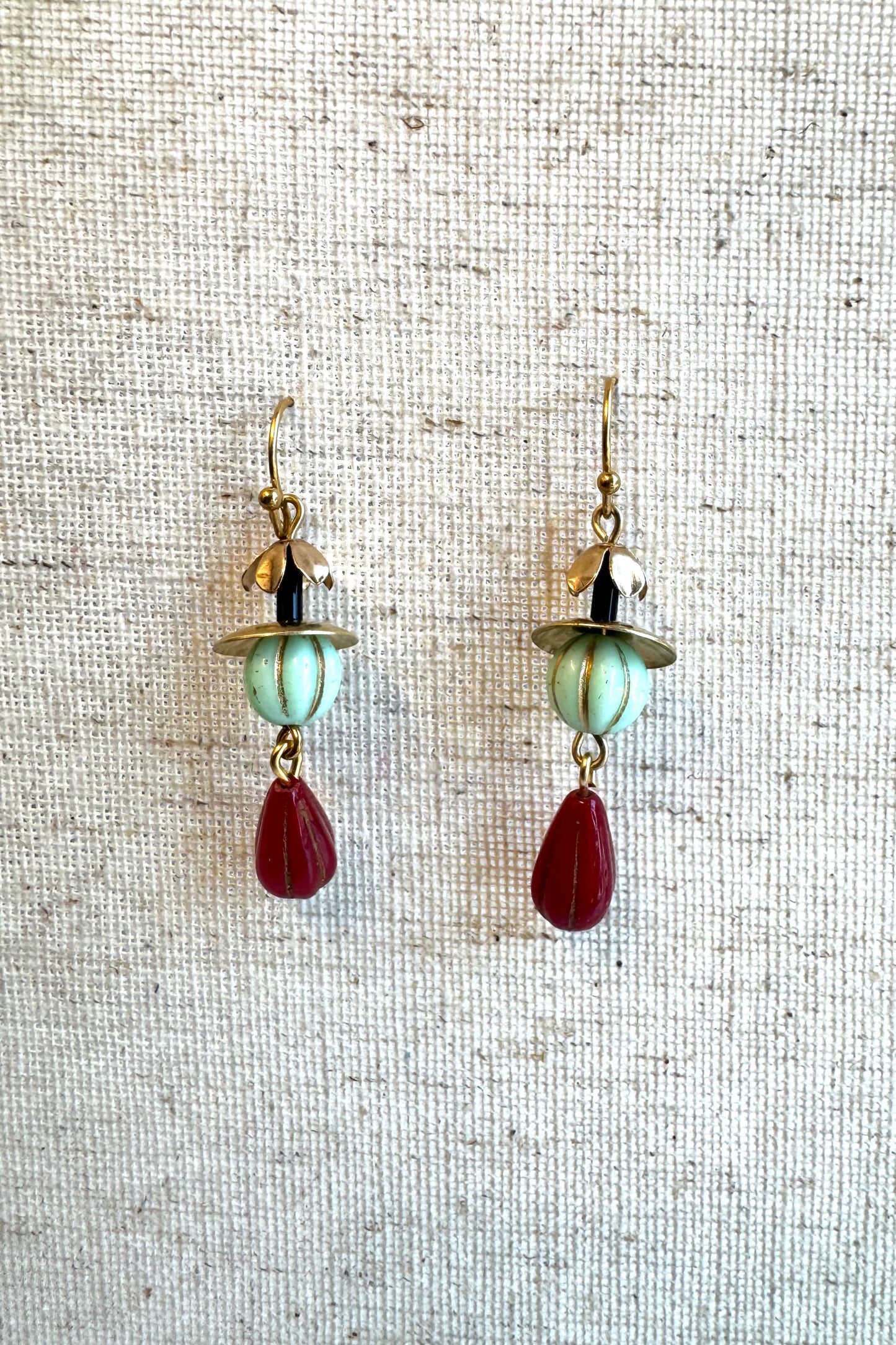 Beaded Czech Glass Earrings - Mint Melon/ Red Teardrop