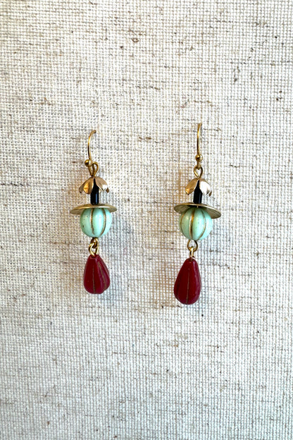 Beaded Czech Glass Earrings - Mint Melon/ Red Teardrop