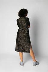 Basinger Long Dress by Eve Lavoie, Glitter Fabric, back view, turtleneck dress, midi-length, side slit, removable belt, sizes XS to XL, made in Montreal 