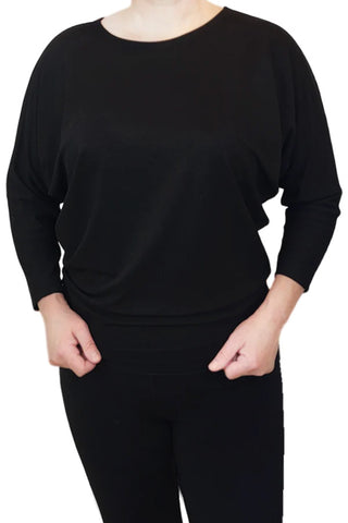 Joel Slouch Tee by Mandala, Black, wide jewel neck, 3/4 dolman sleeves, slouchy fit, fitted hemline at hip sizes XS to XXL, made in Ontario