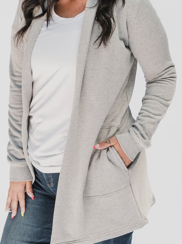 Classic Briton Cardigan by Blondie, Grey, open front, long sleeves, pockets, long length, sizes XS to XL, made in Toronto