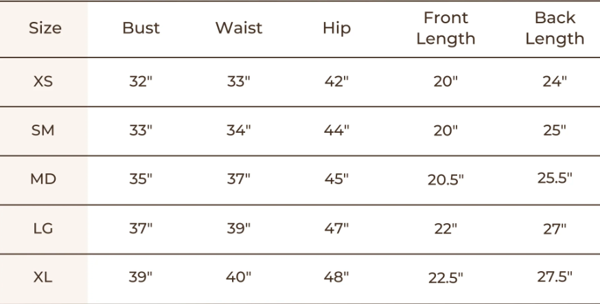 Sunset Tank by Blondie Size Chart