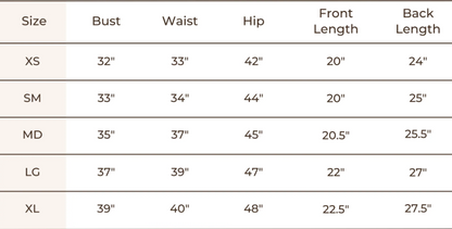 Sunset Tank by Blondie Size Chart