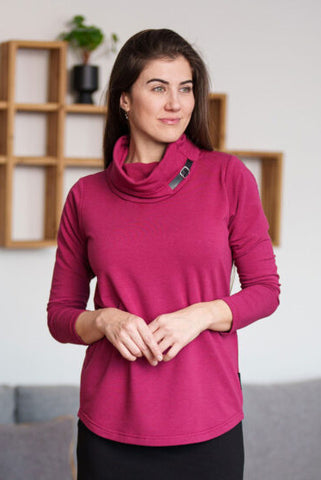 Cascades Sweater by Rien ne se Perd, Raspberry, cowl neck with leather buckle detail, 3/4 sleeves, rounded hemline, bamboo, cotton, sizes XS to XXL, made in Quebec